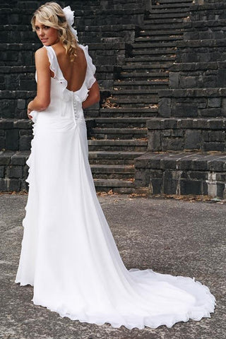 Simple Chiffon A-line V-neck Ruffles Beach Wedding Dresses, Wedding Gown
