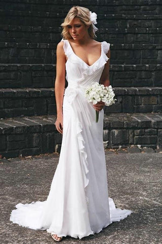 Simple Chiffon A-line V-neck Ruffles Beach Wedding Dresses, Wedding Gown