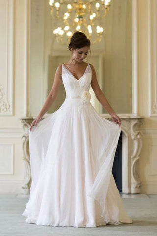 Schlichte Chiffon A-Linie V-Ausschnitt Ärmellos Bodenlang Strand Brautkleider