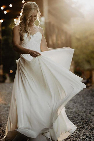 Simple Chiffon Lace A-line Sweetheart Strapless Beach Wedding Dress