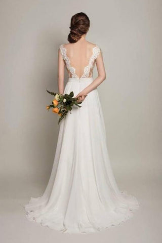 Simple Chiffon Lace Scoop Open Back Sweep Train Wedding Dresses
