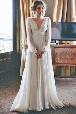 Simple Chiffon Long Sleeves A-line Floor Length Beach Wedding Dresses