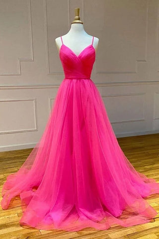 Simple Hot Pink Tulle A-line Prom dresses With Slit, Long Formal Dress