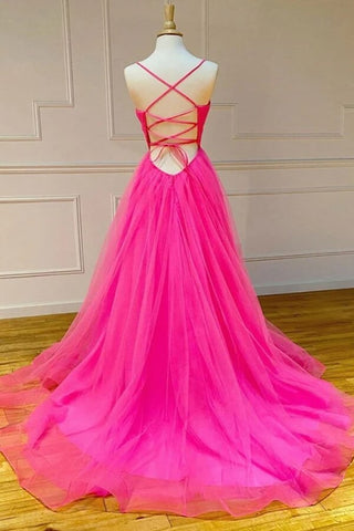 Simple Hot Pink Tulle A-line Prom dresses With Slit, Long Formal Dress