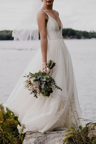 Simple Ivory A-line V-neck Backless Wedding Dresses, Beach Wedding Dress