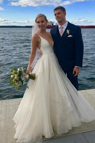Simple Ivory A-line V-neck Backless Wedding Dresses, Beach Wedding Dress