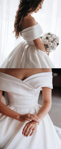 Simple Ivory Ball Gown Satin Lace Off-the-Shoulder Wedding Dresses