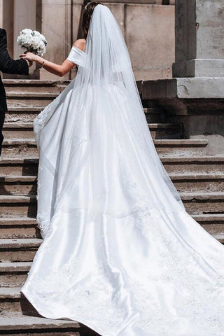 Simple Ivory Ball Gown Satin Lace Off-the-Shoulder Wedding Dresses