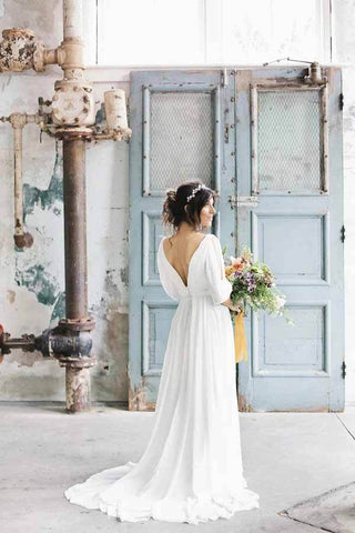 Simple Ivory Chiffon A-line V-neck Half Sleeves Long Wedding Dresses