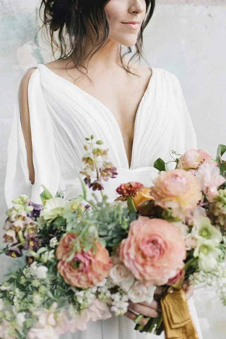 Simple Ivory Chiffon A-line V-neck Half Sleeves Long Wedding Dresses