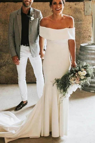 Simple Ivory Mermaid Off-the-Shoulder Wedding Dresses, Bridal Gowns