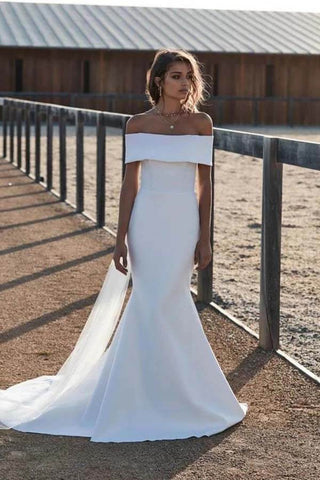 Simple Ivory Mermaid Off-the-Shoulder Wedding Dresses, Bridal Gowns