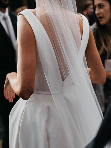 Simple Ivory Satin A-line V-Neck Wedding Dresses with Pockets