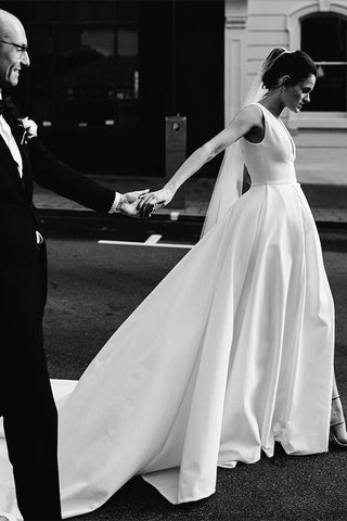 Simple Ivory Satin A-line V-Neck Wedding Dresses with Pockets