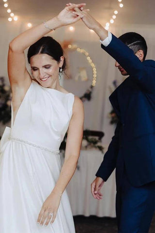 Simple Ivory Satin Bateau Beaded Wedding Dresses With Bow, Bridal Gown