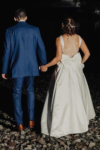Simple Ivory Satin Bateau Beaded Wedding Dresses With Bow, Bridal Gown