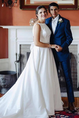 Simple Ivory Satin Bateau Beaded Wedding Dresses With Bow, Bridal Gown