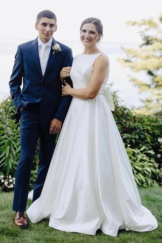 Simple Ivory Satin Bateau Beaded Wedding Dresses With Bow, Bridal Gown