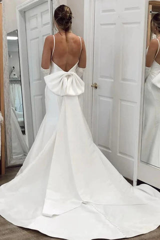 Simple Ivory Satin Mermaid V Neck Wedding Dresses, Wedding Gowns