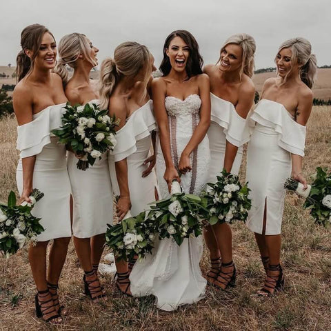 Simple Ivory Satin Off-the-Shoulder Sheath Short Bridesmaid Dresses