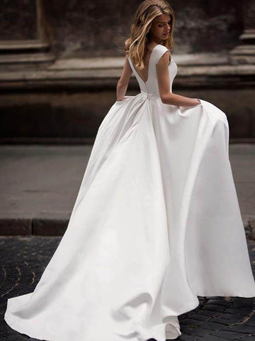 Simple Ivory Satin Vintage A-line Princess Wedding Dresses With Pockets