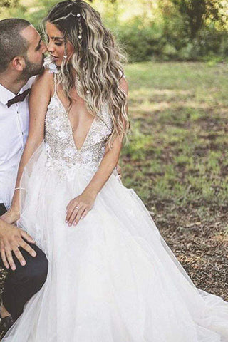 Simple Lace Top Spaghetti Straps A-Line Sweep Train Long Wedding Dresses