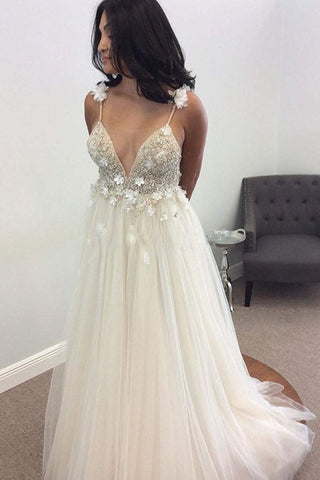 Simple Lace Top Spaghetti Straps A-Line Sweep Train Long Wedding Dresses