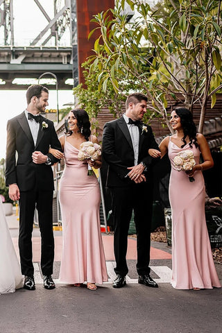 Simple Light Pink Sheath Cowl Neck Spaghetti Straps Bridesmaid Dresses