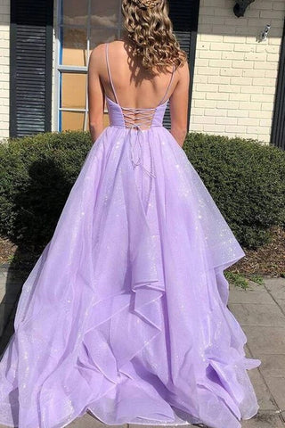 Simple Lilac Tulle A-line V-neck Lace Up Long Prom Dresses, Evening Gown