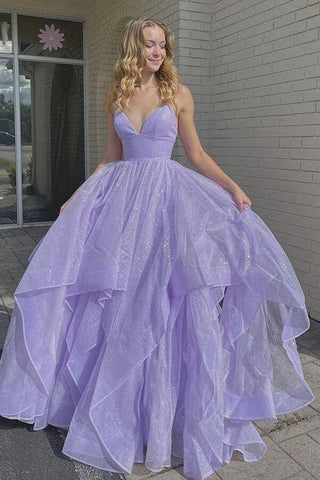 Simple Lilac Tulle A-line V-neck Lace Up Long Prom Dresses, Evening Gown