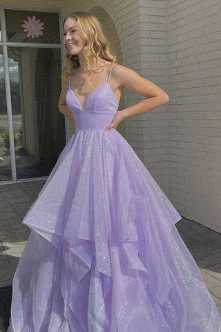 Simple Lilac Tulle A-line V-neck Lace Up Long Prom Dresses, Evening Gown
