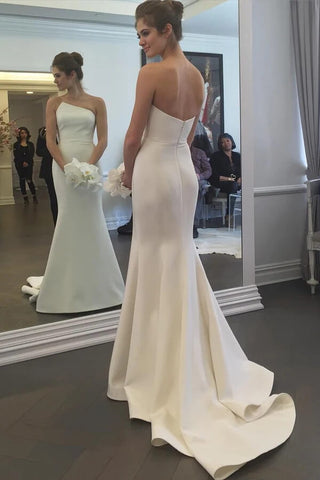 Simple Mermaid Ivory Strapless Wedding Dresses With Train, Wedding Gown