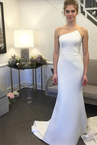 Simple Mermaid Ivory Strapless Wedding Dresses With Train, Wedding Gown