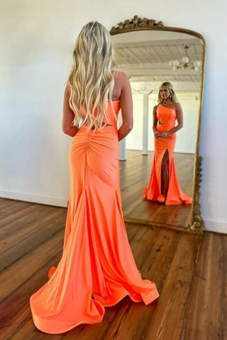 Schlichtes orangefarbenes Meerjungfrau-Ballkleid mit einer Schulter und Schlitz, Partykleid