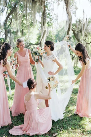 Chiffon A-line V-neck Floor Length Cheap Bridesmaid Dresses