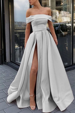Satin A-line Off Shoulder Sweep Train Prom Dresses With Belt