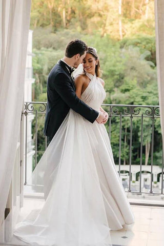 Simple Satin A-line Halter Neck Criss Straps Wedding Dresses, Bridal Gown