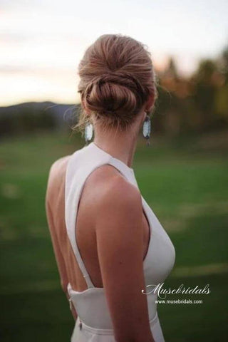 Simple Satin A-line Halter Sleeveless Featured Back Wedding Dresses
