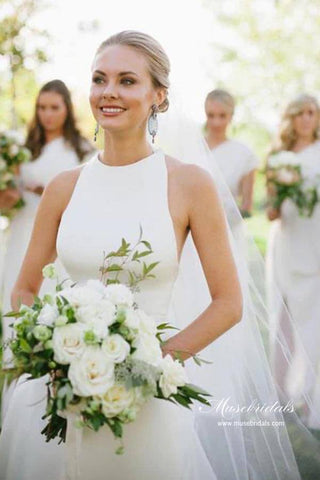 Simple Satin A-line Halter Sleeveless Featured Back Wedding Dresses