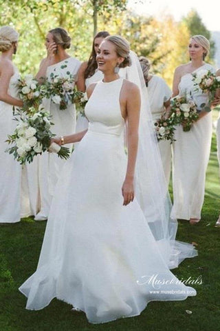 Simple Satin A-line Halter Sleeveless Featured Back Wedding Dresses