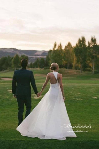 Simple Satin A-line Halter Sleeveless Featured Back Wedding Dresses