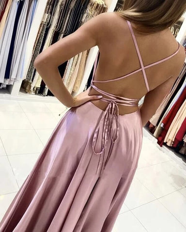 Simple Satin A-line Long Prom Dresses With Side Split, Evening Dresses