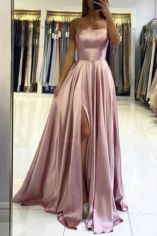 Simple Satin A-line Long Prom Dresses With Side Split, Evening Dresses