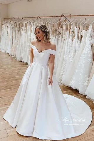 Simple Satin A-line Off-the Shoulder Wedding Dresses With Court Train