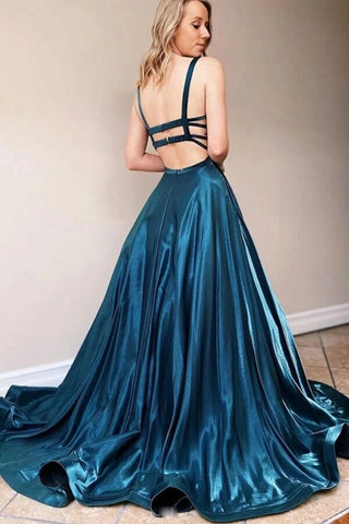 Simple Satin A-line Square Neck Backless Prom Dresses, Evening Gown