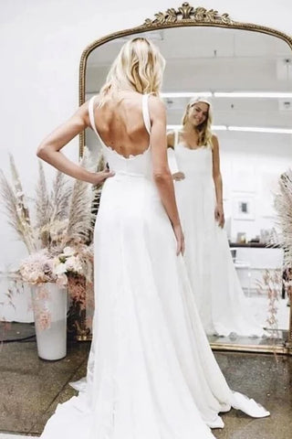 Schlichtes Satin A-Linien-Brautkleid mit quadratischem Ausschnitt, Brautkleid für den Strand