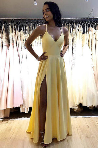 Simple Satin A-line V-neck Prom Dresses, Evening Gowns With Side Split