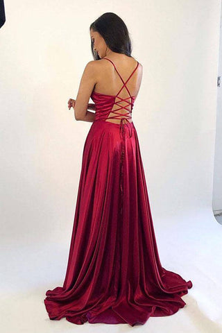 Simple Satin A-line V-neck Prom Dresses, Evening Gowns With Side Split