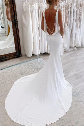 Simple Satin Mermaid V-neck Long Wedding Dresses With Court Train