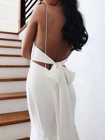 Simple Satin Mermaid V-neck Spaghetti Straps Wedding Dresses With Bow